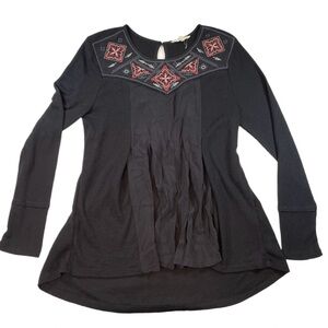 Alchemy Thread Thermal Boho Embroidered Tunic Top Women's Black Size L